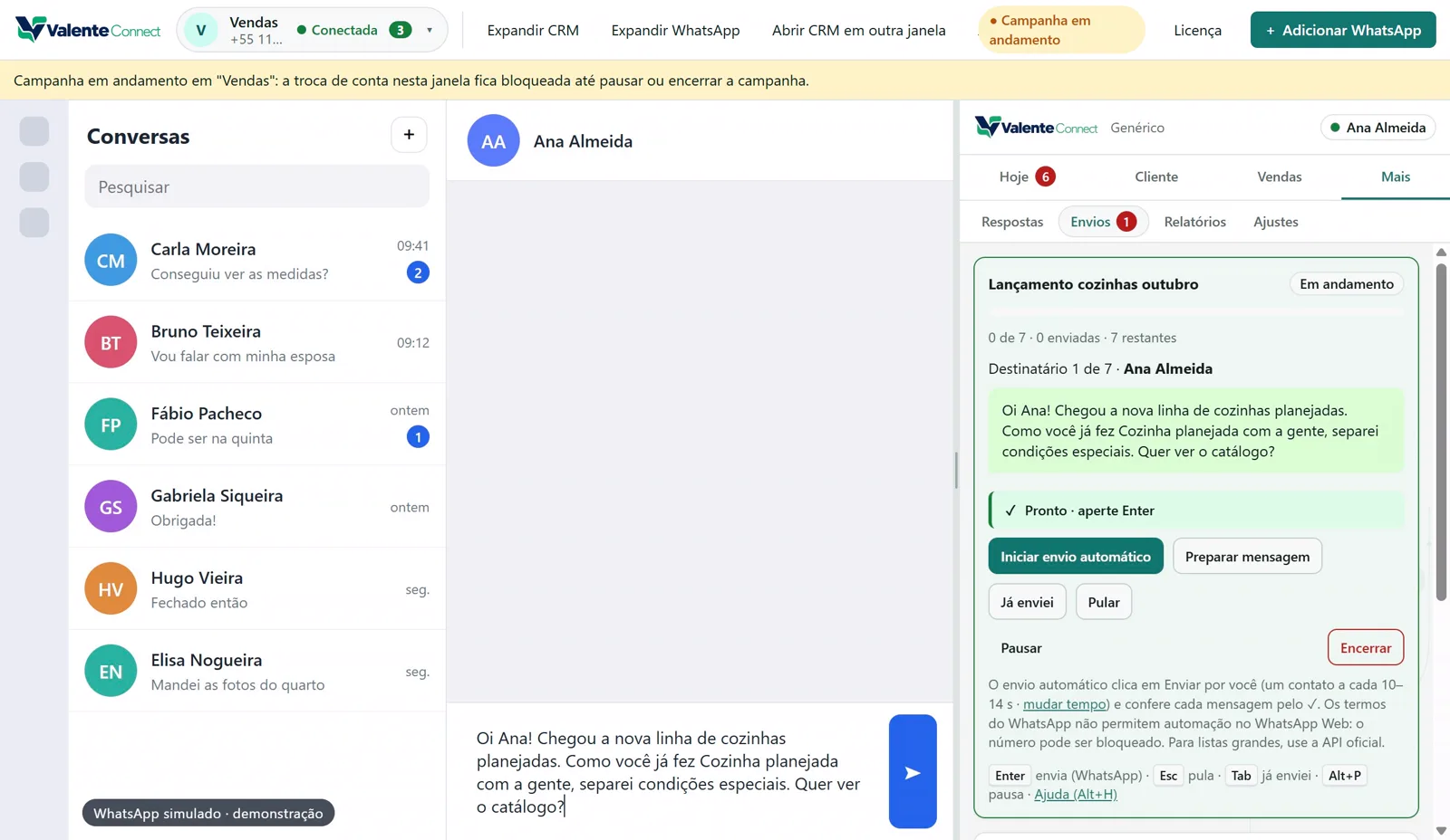 Campanha em andamento: mensagem personalizada preparada na conversa de Ana Almeida, pronta para enviar com Enter