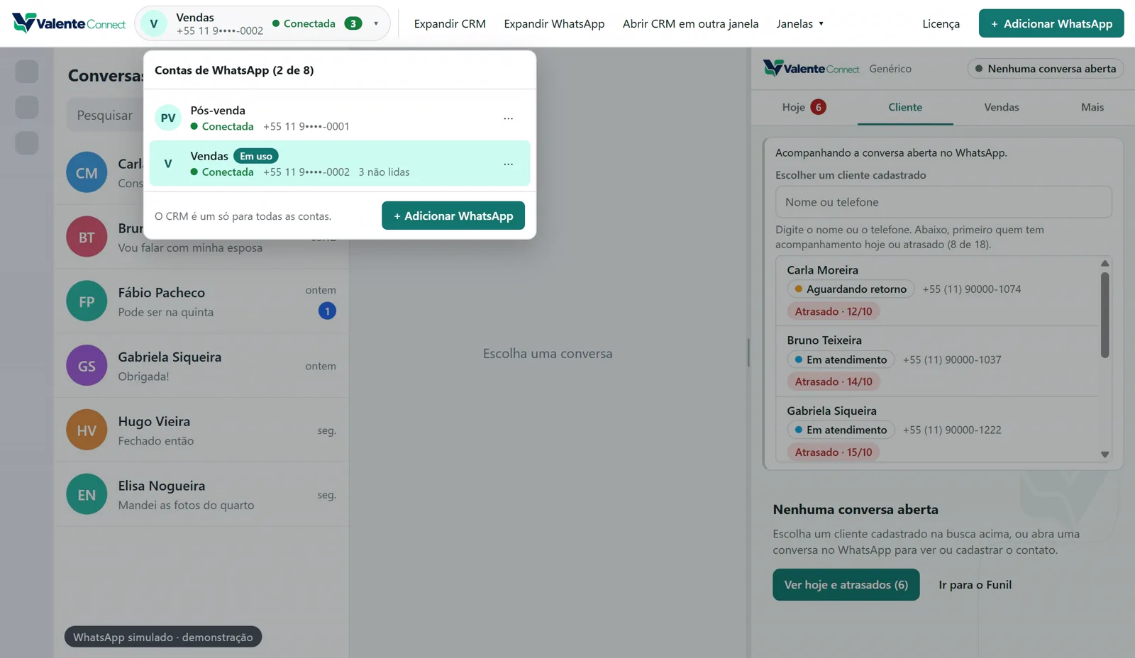 Lista Contas de WhatsApp com os números Pós-venda e Vendas conectados no mesmo app