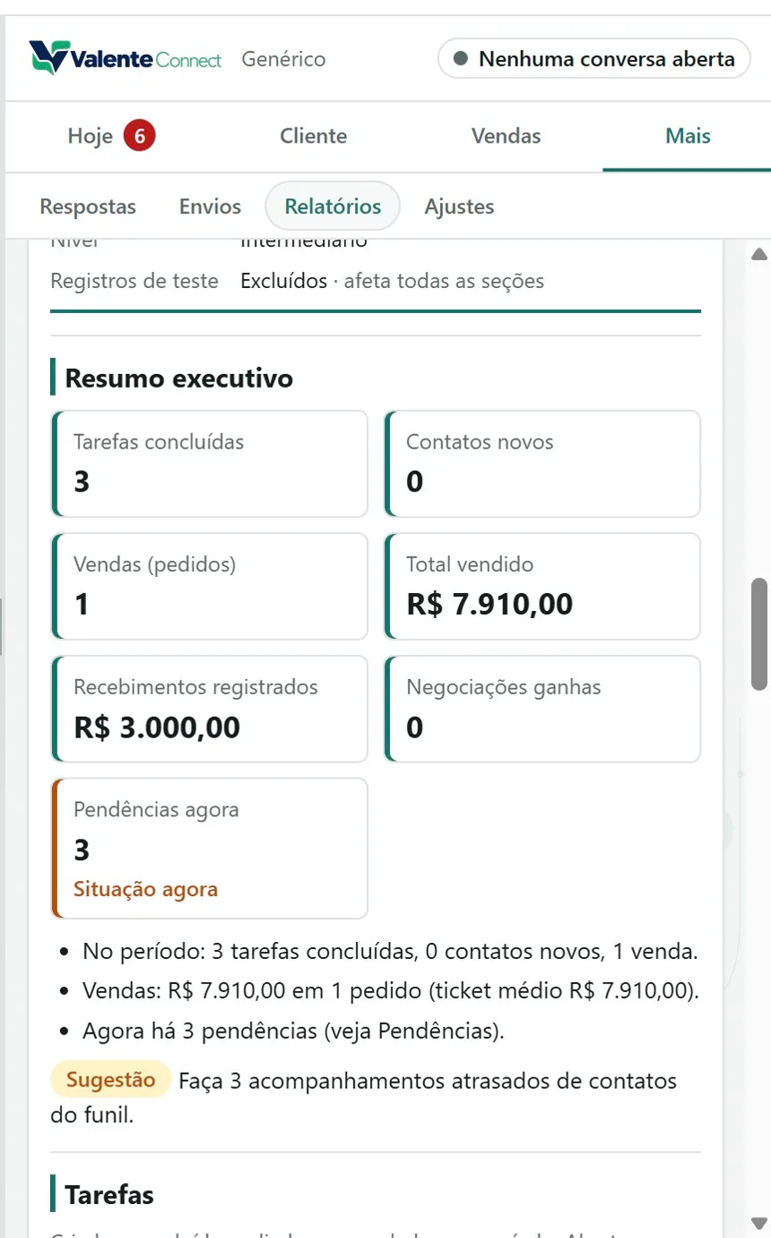 Relatório com resumo executivo: tarefas concluídas, vendas, total vendido e pendências